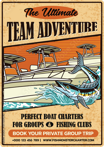 Retro boat charter advertisement for team adventures featuring a fishing boat and a marlin fish jumping