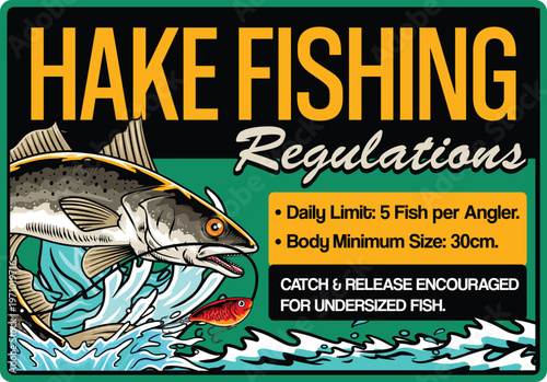 Retro fishing regulation sign for hake fishing with detailed fish illustration and catch rules