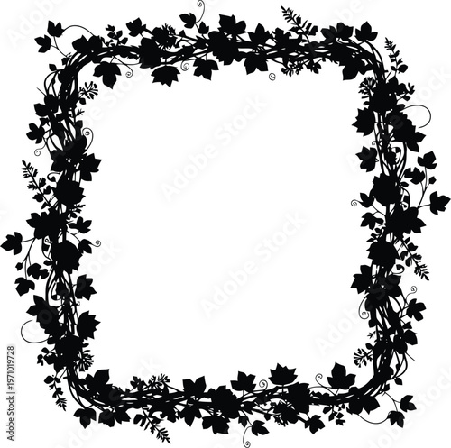 Square frame made of black ivy leaves and branches with a natural and botanical silhouette design.