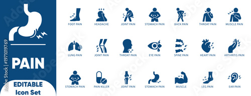 Body pain icon Solid set. discomfort, injury, pain, icon, and solid icons.