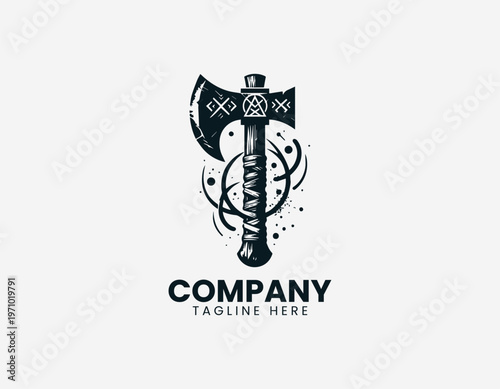Viking battle axe with runes and abstract splashes black vector logo illustration isolated on white background