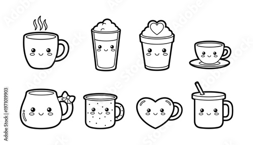 Cute Kawaii Hot and Cold Coffee Cup Outline Set — Heart Mug, Latte Glass, Frappuccino Cartoon Coloring Page Vector