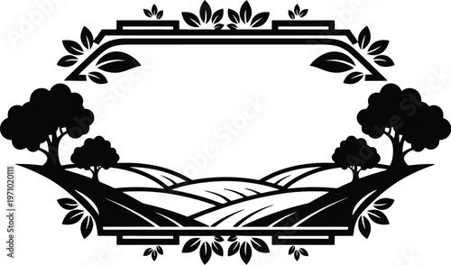 Countryside landscape frame with trees hills and fields in black silhouette decorative style.