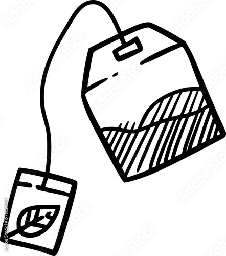 Hand Drawn Black Outline Tea Bag with Leaf Tag White Background drink beverage