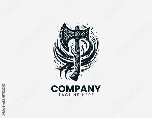 Viking battle axe with runes and abstract splashes black vector logo illustration isolated on white background