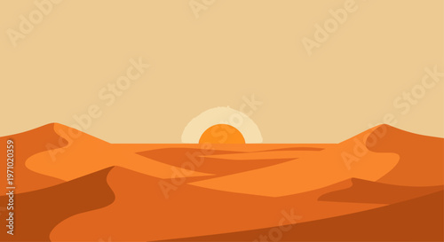 Desert landscape illustration with sunrise over sand dunes