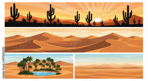 Desert landscape set cacti dunes and oasis scenes