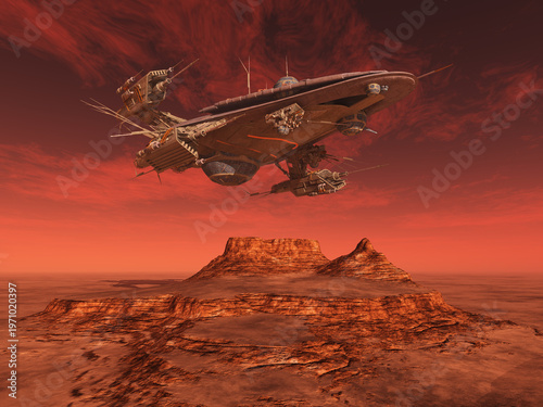 Riesiges Raumschiff über einer Wüstenlandschaft vor einem roten Himmel in einer fernen Welt