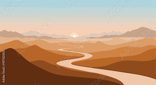 Desert landscape with winding road and mountains at sunrise