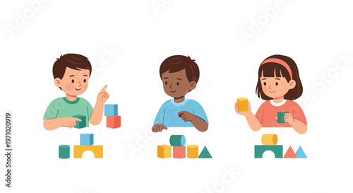 Three young children are sitting and playing with colorful building blocks, showcasing early childhood learning and creative development.