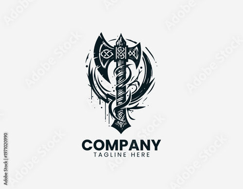 Viking battle axe with runes and abstract splashes black vector logo illustration isolated on white background