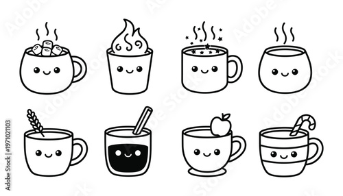 Cute Kawaii Hot Drinks and Coffee Mug Outline Set — Hot Chocolate, Latte, Tea Cartoon Coloring Page Vector Illustrations