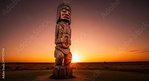 Ancient Totem Pole at Sunset, Indigenous Culture Symbol, Dramatic Sky