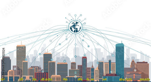 Global urban connectivity and smart city technology integration, visualizing digital networks spreading across a modern cityscape and planet