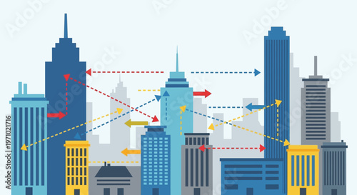 Connecting business and technology across a modern city skyline, illustrating network and data flow with vibrant arrows and skyscrapers