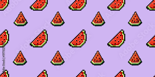 Pixel watermelon pattern in retro 8 bit style with repeating fruit slices on purple background for summer wallpapers textiles packaging wrapping paper and digital backgrounds.Vector illustration