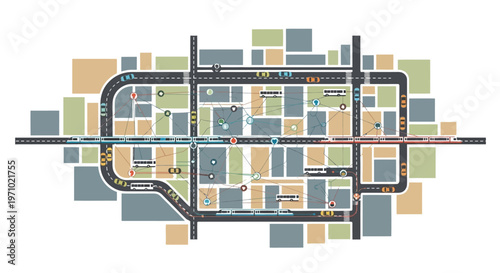 Urban street map illustration with transportation and buildings, depicting a city block design with roads, vehicles, and various structures in a stylized overhead view