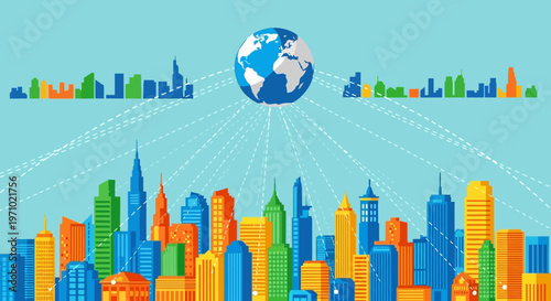 Global connectivity and smart cities illustration depicting interconnected urban centers and a digital globe symbolizing worldwide communication and technological integration