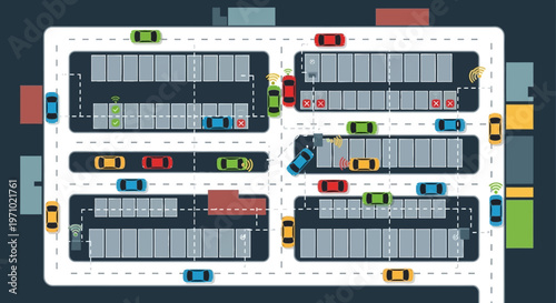 An overhead view of a busy parking lot with various cars parked and driving, illustrating urban mobility and efficient space utilization