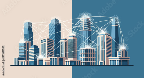 Smart city illustration modern buildings linked by glowing digital networks, symbolizing advanced urban technology and seamless communication for future growth