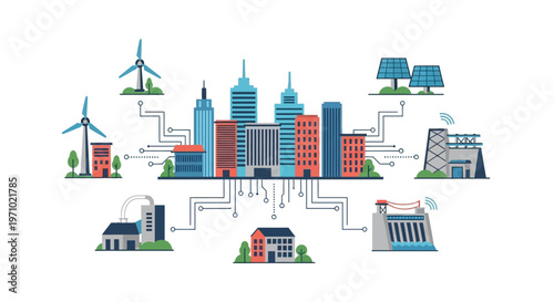 Smart city vision integrated energy grid connecting urban buildings to diverse renewable power sources for sustainable and efficient development