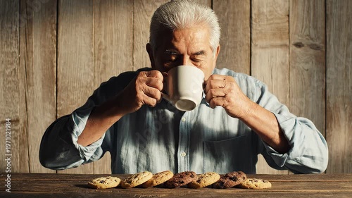 Senior man with gray hair and mustache sitting at a rustic wooden table, holding a steaming mug of hot beverage with a row of assorted cookies in front of him against a wooden wall.