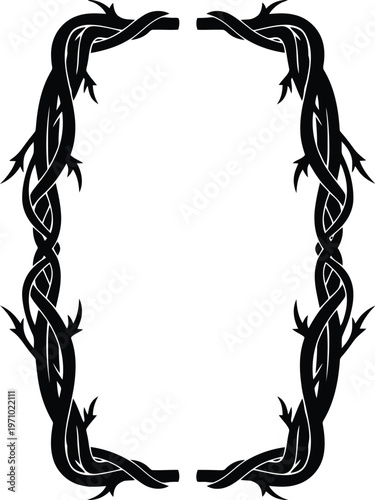 Black twisted thorny branches frame or border with sharp thorns and intertwined elements creating a mystical design.
