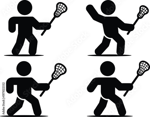 Set of four black silhouette stick figure lacrosse icons in dynamic poses, showing sports action for athletic, educational, and instructional illustration concepts