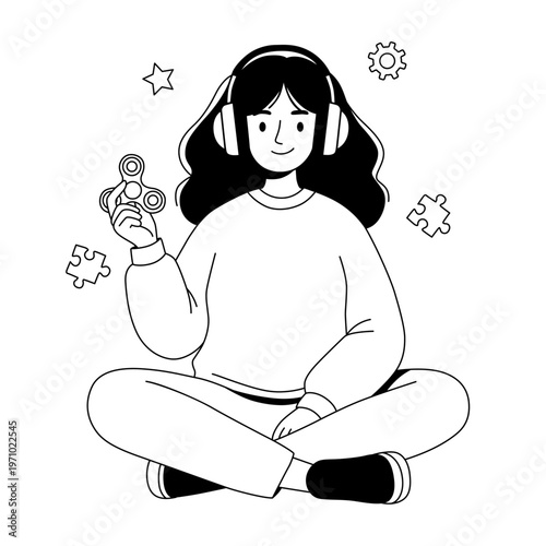 Young Woman Sitting Cross‑Legged With Headphones Holding a Fidget Spinner for Relaxation and Focus
