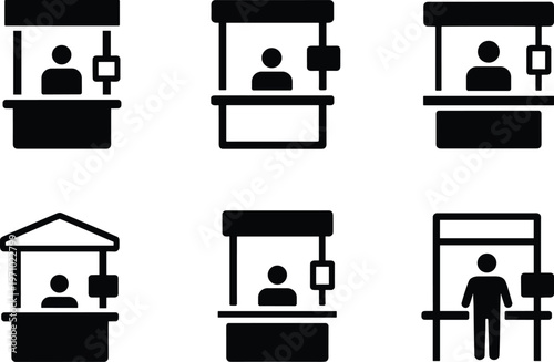 Set of six black silhouette booth icons showing vendor kiosks, ticket counters, and information stands in minimal flat design style for business and education illustrations