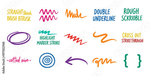 Hand-Drawn Brush Strokes and Marker Annotations Set — Underline, Scribble, Circle, Arrow, Highlight Vector Elements