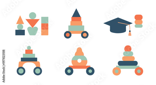 This vector illustration features various colorful wooden toy building blocks and a graduation cap on a clean white background.