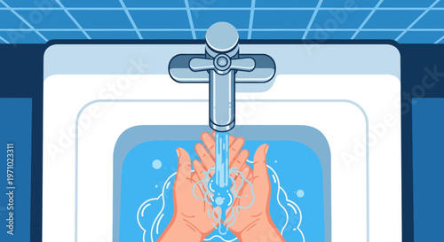 Illustration of hands washing under a running faucet in a sink with blue tones.