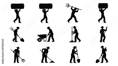 Collection of silhouetted workers performing various manual labor tasks with tools and equipment on a white background