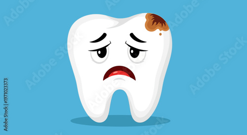 Illustration of a sad tooth with a cavity on a blue background.