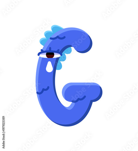 Design of letter G with shape of sad crying character. Figure of English alphabet with kids font. Child ABC with shapes of monsters and aliens. Flat isolated vector illustration on white background