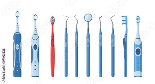 Collection of various dental hygiene tools on a white background