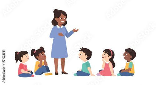A smiling female teacher stands before five diverse young children sitting on the floor, engaging them in an interactive learning session.