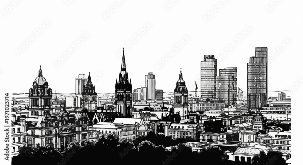 Fototapeta premium A black and white sketch of a dense cityscape featuring diverse architectural styles