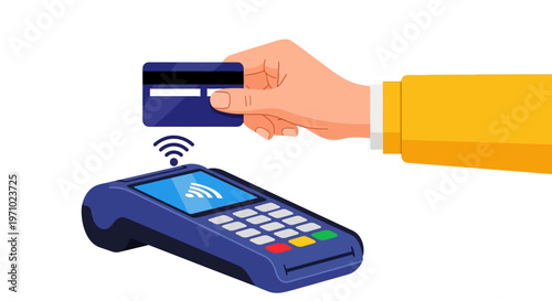 Hand holding a blue credit card near a contactless payment terminal on a white background