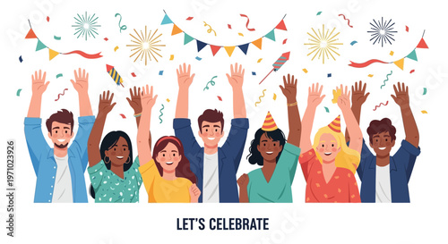 Diverse group of people celebrating with raised hands and confetti on a white background