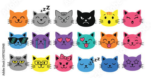 Colorful Cartoon Cat Face Emoji and Expression Icon Set — Happy Sleepy Cool Angry Surprised Love Cat Vector Collection