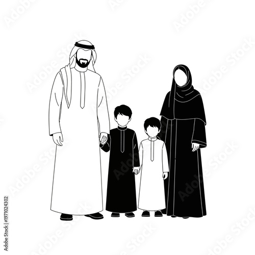 Arabian family in traditional attire standing.
