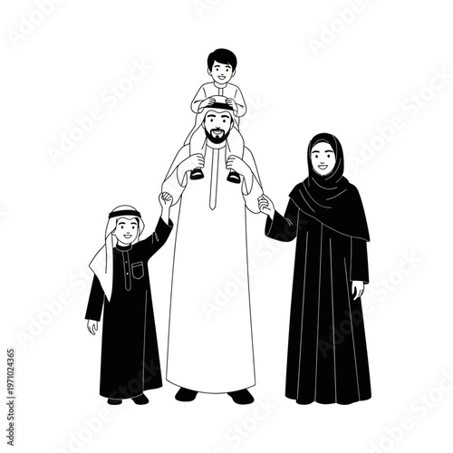 Arabian family in traditional clothing standing.
