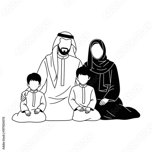 Arabian family in traditional clothing sitting.