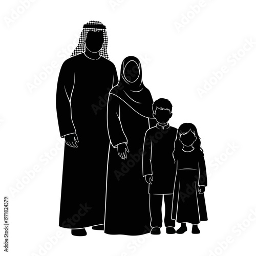 Arabian family in traditional clothing standing.