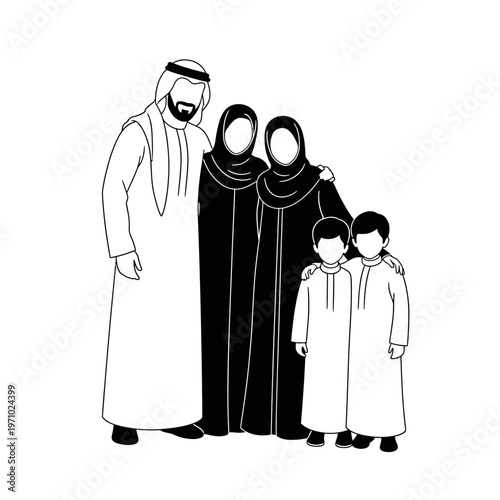 Arabian family in traditional clothing standing.