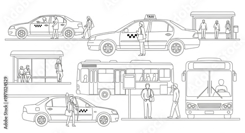 Collection of Vehicle Silhouettes and People Illustrations.