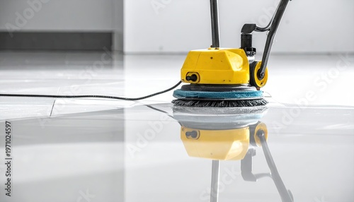 Yellow floor scrubber cleaning shiny tile floor in commercial space; professional machine maintenance for cleanliness and hygiene