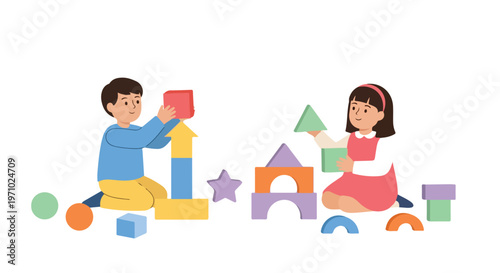 This vector illustration depicts a young boy and girl happily playing together with a variety of colorful geometric building blocks.